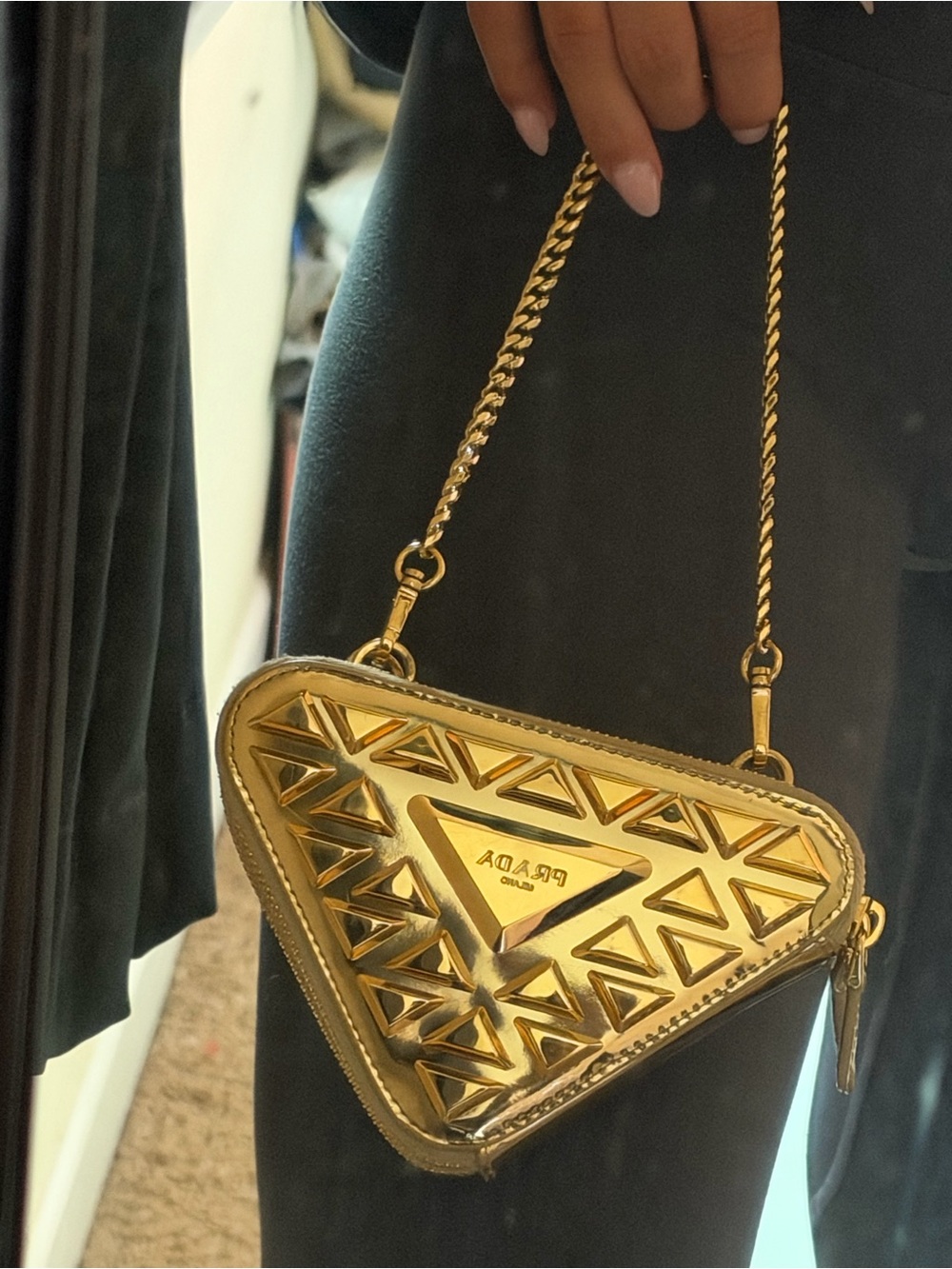 Prada Saffiano Gold Leather Studded Triangle Pouch